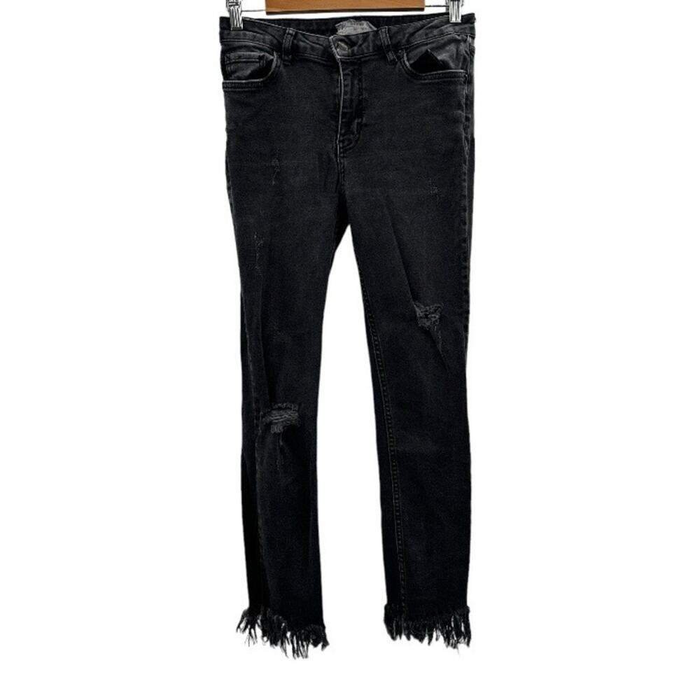 Free People Dark Gray Stone Wash Mid Rise Distressed Raw Hem Cropped Jeans Sz 27